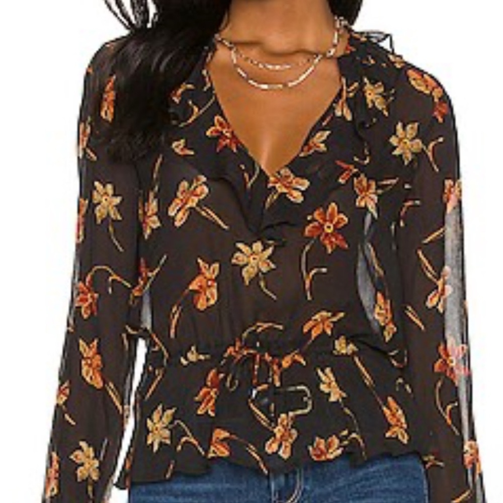 PAIGE Black Blouse with Orange and Yellow Floral Design